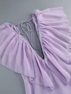 Robe longue élégante en mousseline à volants et col en V pour femme - Robe d'été bohème lavande dos nu fluide coupe trapèze - Invitée à un mariage d'été à la plage 2026