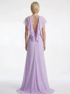Robe longue élégante en mousseline à volants et col en V pour femme - Robe d'été bohème lavande dos nu fluide coupe trapèze - Invitée à un mariage d'été à la plage 2026