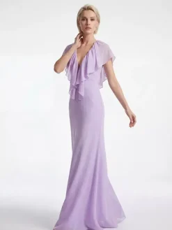 Robe longue élégante en mousseline à volants et col en V pour femme - Robe d'été bohème lavande dos nu fluide coupe trapèze - Invitée à un mariage d'été à la plage 2026