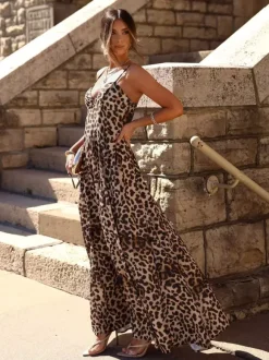 Robe longue léopard pour femme - Robe sexy à bretelles spaghetti et imprimé animal - Idéale pour les vacances d'été à la plage 2026