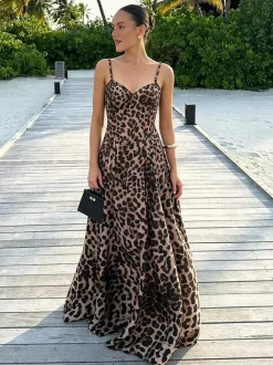 Robe longue léopard pour femme - Robe sexy à bretelles spaghetti et imprimé animal - Idéale pour les vacances d'été à la plage 2026