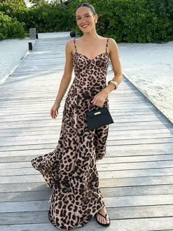 Robe longue léopard pour femme - Robe sexy à bretelles spaghetti et imprimé animal - Idéale pour les vacances d'été à la plage 2026