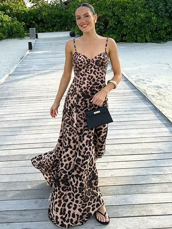 Robe longue léopard pour femme - Robe sexy à bretelles spaghetti et imprimé animal - Idéale pour les vacances d'été à la plage 2026