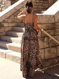 Robe longue léopard pour femme - Robe sexy à bretelles spaghetti et imprimé animal - Idéale pour les vacances d'été à la plage 2026
