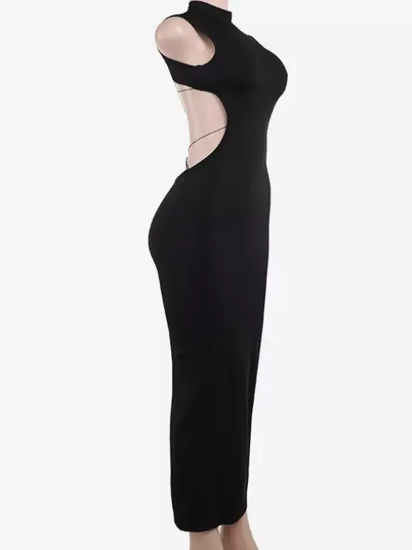 Robe longue maxi dos nu pour femme - Robe moulante noire à col montant et détail papillon - Tenue de soirée estivale 2026