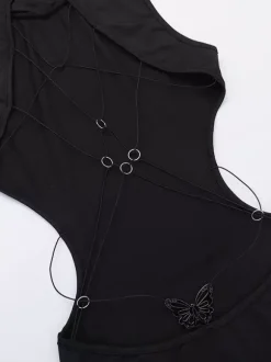 Robe longue maxi dos nu pour femme - Robe moulante noire à col montant et détail papillon - Tenue de soirée estivale 2026