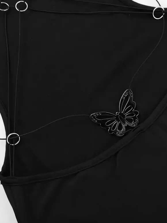Robe longue maxi dos nu pour femme - Robe moulante noire à col montant et détail papillon - Tenue de soirée estivale 2026