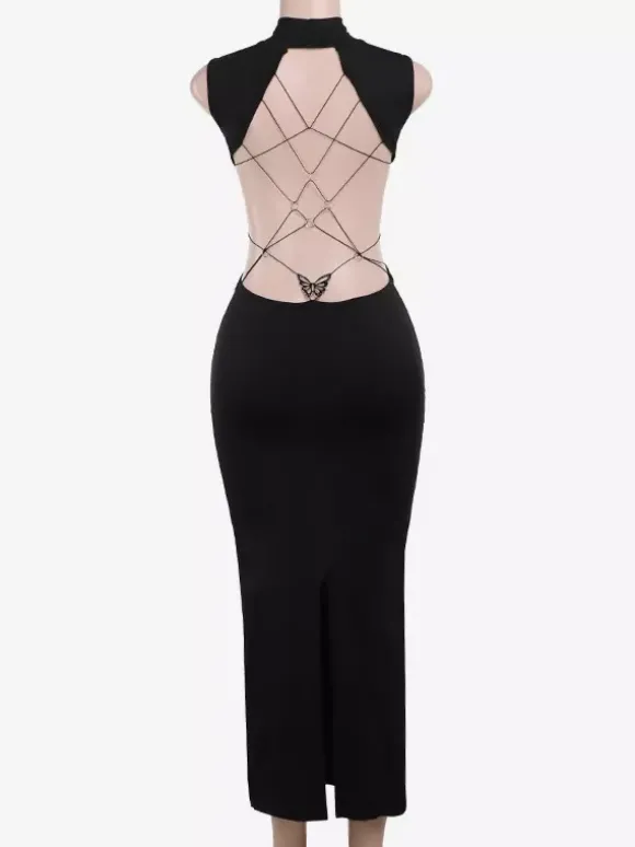 Robe longue maxi dos nu pour femme - Robe moulante noire à col montant et détail papillon - Tenue de soirée estivale 2026