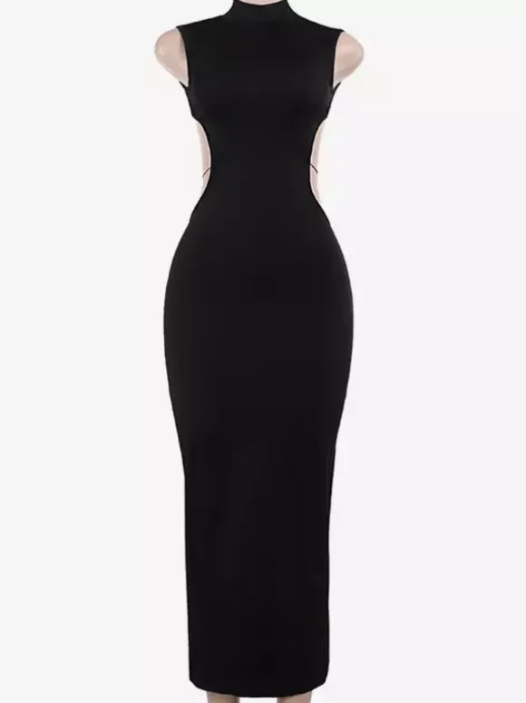 Robe longue maxi dos nu pour femme - Robe moulante noire à col montant et détail papillon - Tenue de soirée estivale 2026
