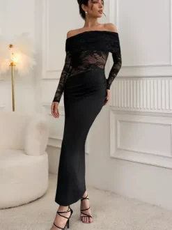 Robe longue maxi en dentelle à épaules dénudées pour femme - Robe moulante noire gothique à manches transparentes - Tenues de gala printanières 2026