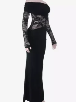 Robe longue maxi en dentelle à épaules dénudées pour femme - Robe moulante noire gothique à manches transparentes - Tenues de gala printanières 2026