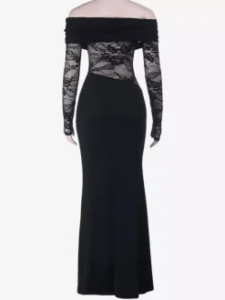 Robe longue maxi en dentelle à épaules dénudées pour femme - Robe moulante noire gothique à manches transparentes - Tenues de gala printanières 2026