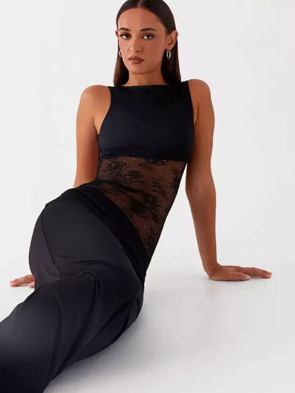 Robe longue maxi en dentelle patchwork pour femme - Élégante robe moulante sans manches à dos nu - Idéale pour une soirée d'été formelle 2026