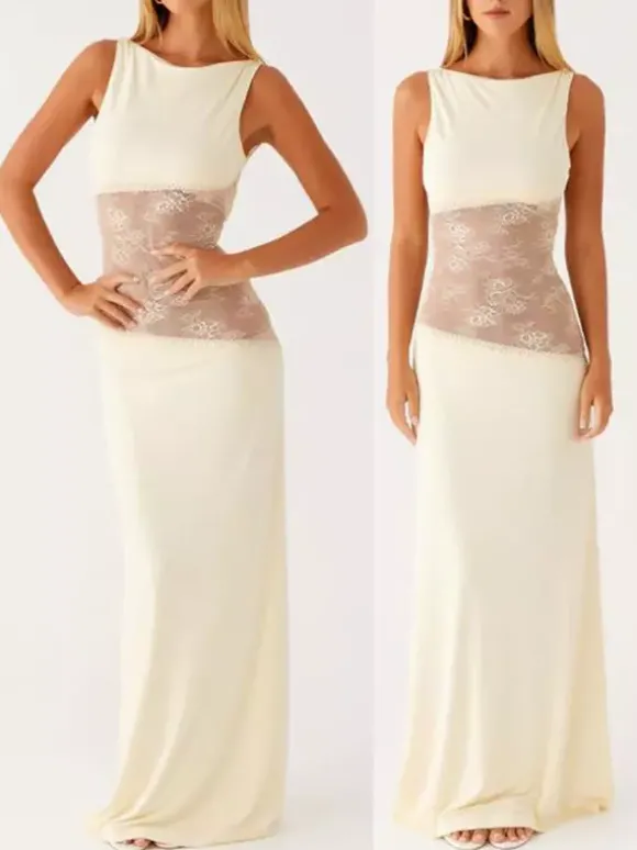 Robe longue maxi en dentelle patchwork pour femme - Élégante robe moulante sans manches à dos nu - Idéale pour une soirée d'été formelle 2026