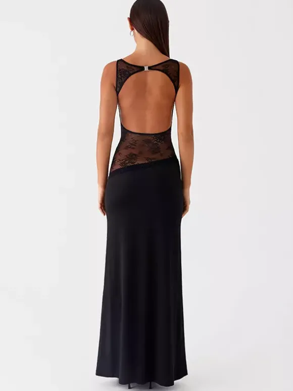 Robe longue maxi en dentelle patchwork pour femme - Élégante robe moulante sans manches à dos nu - Idéale pour une soirée d'été formelle 2026