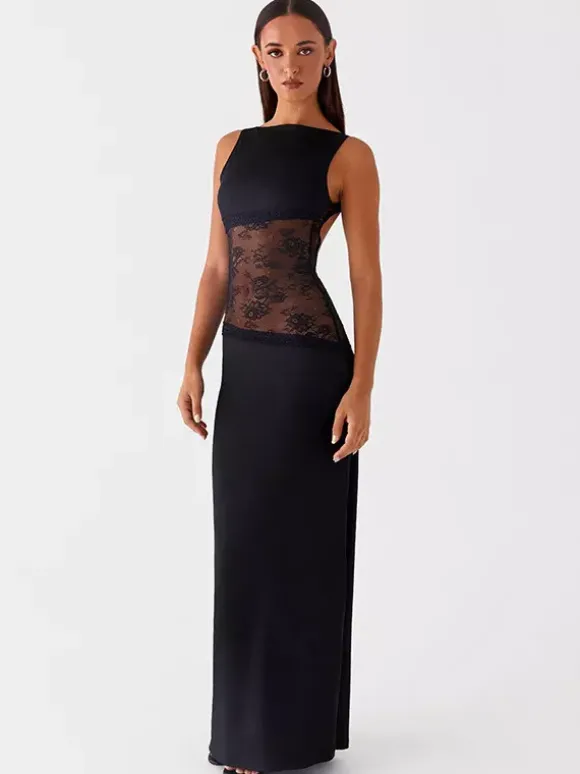 Robe longue maxi en dentelle patchwork pour femme - Élégante robe moulante sans manches à dos nu - Idéale pour une soirée d'été formelle 2026