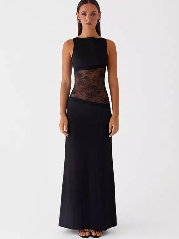 Robe longue maxi en dentelle patchwork pour femme - Élégante robe moulante sans manches à dos nu - Idéale pour une soirée d'été formelle 2026
