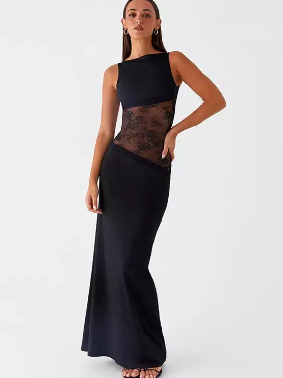 Robe longue maxi en dentelle patchwork pour femme - Élégante robe moulante sans manches à dos nu - Idéale pour une soirée d'été formelle 2026