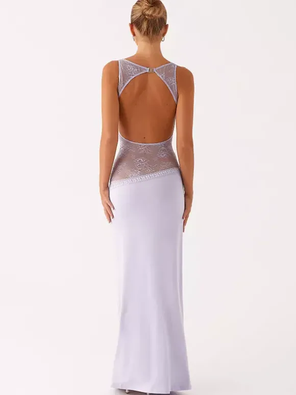 Robe longue maxi en dentelle patchwork pour femme - Élégante robe moulante sans manches à dos nu - Idéale pour une soirée d'été formelle 2026