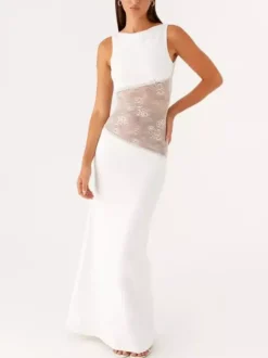 Robe longue maxi en dentelle patchwork pour femme - Élégante robe moulante sans manches à dos nu - Idéale pour une soirée d'été formelle 2026