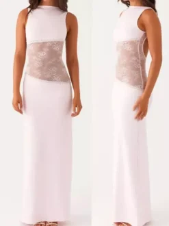 Robe longue maxi en dentelle patchwork pour femme - Élégante robe moulante sans manches à dos nu - Idéale pour une soirée d'été formelle 2026