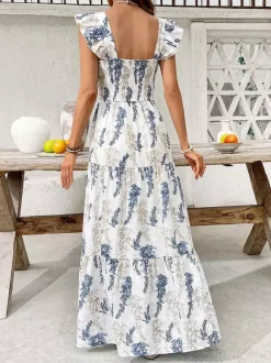 Robe longue maxi à imprimé feuilles blanches et bleues pour femme col carré manches à volants smockées et superposées robe d'été décontractée
