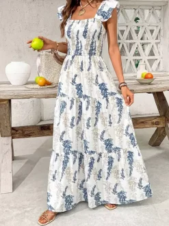 Robe longue maxi à imprimé feuilles blanches et bleues pour femme col carré manches à volants smockées et superposées robe d'été décontractée