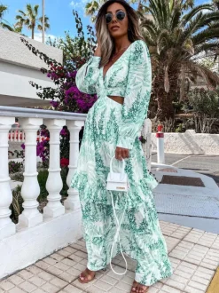 Robe longue maxi à imprimé feuilles découpées pour femme - Robe longue tropicale à manches lanternes col en V et volants - Collection printemps-été 2026