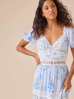 Robe longue maxi à manches bouffantes et imprimé floral pour femme - Robe d'été bohème à volants et bordure en dentelle - Idéale pour une fête d'été à la plage 2026