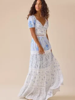 Robe longue maxi à manches bouffantes et imprimé floral pour femme - Robe d'été bohème à volants et bordure en dentelle - Idéale pour une fête d'été à la plage 2026
