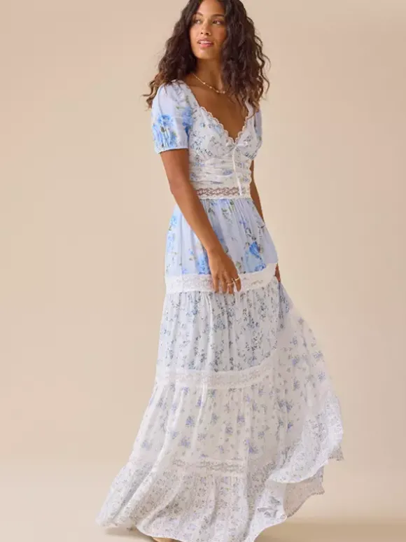 Robe longue maxi à manches bouffantes et imprimé floral pour femme - Robe d'été bohème à volants et bordure en dentelle - Idéale pour une fête d'été à la plage 2026