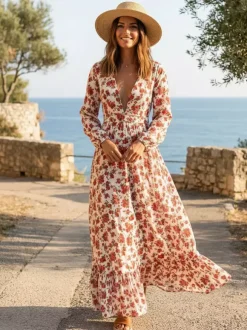 Robe longue maxi à manches longues et imprimé floral - Robe rose bohème fluide à col en V et volants - Idéale pour les vacances de printemps à la plage (2026)