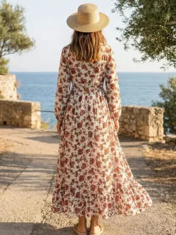 Robe longue maxi à manches longues et imprimé floral - Robe rose bohème fluide à col en V et volants - Idéale pour les vacances de printemps à la plage (2026)