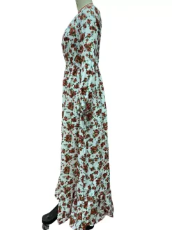 Robe longue maxi à manches longues et imprimé floral - Robe rose bohème fluide à col en V et volants - Idéale pour les vacances de printemps à la plage (2026)