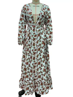 Robe longue maxi à manches longues et imprimé floral - Robe rose bohème fluide à col en V et volants - Idéale pour les vacances de printemps à la plage (2026)