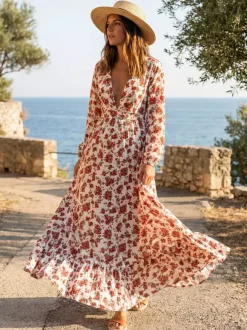 Robe longue maxi à manches longues et imprimé floral - Robe rose bohème fluide à col en V et volants - Idéale pour les vacances de printemps à la plage (2026)