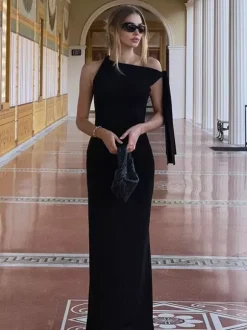 Robe longue maxi épaules dénudées pour femme - Robe moulante élégante et minimaliste - Soirée de gala d'été 2026