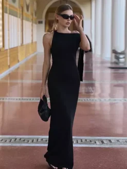 Robe longue maxi épaules dénudées pour femme - Robe moulante élégante et minimaliste - Soirée de gala d'été 2026