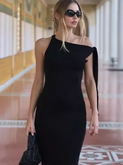 Robe longue maxi épaules dénudées pour femme - Robe moulante élégante et minimaliste - Soirée de gala d'été 2026