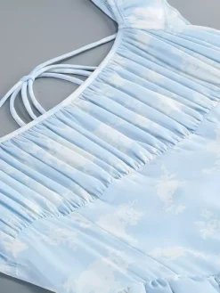 Robe longue maxi à volants et fleurs bleu clair pour femme - Robe d'été longue dos nu à étages style cottagecore - Garden-party d'été 2026