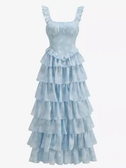 Robe longue maxi à volants et fleurs bleu clair pour femme - Robe d'été longue dos nu à étages style cottagecore - Garden-party d'été 2026