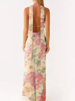 Robe longue minimaliste dos nu sans manches à col halter pour femme - Élégante robe de bal dos nu avec foulard - Soirée formelle d'été 2026