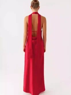Robe longue minimaliste dos nu sans manches à col halter pour femme - Élégante robe de bal dos nu avec foulard - Soirée formelle d'été 2026