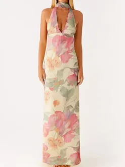 Robe longue minimaliste dos nu sans manches à col halter pour femme - Élégante robe de bal dos nu avec foulard - Soirée formelle d'été 2026