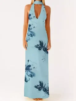 Robe longue minimaliste dos nu sans manches à col halter pour femme - Élégante robe de bal dos nu avec foulard - Soirée formelle d'été 2026