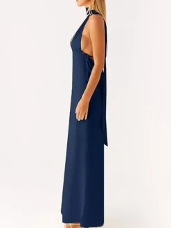 Robe longue minimaliste dos nu sans manches à col halter pour femme - Élégante robe de bal dos nu avec foulard - Soirée formelle d'été 2026