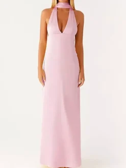 Robe longue minimaliste dos nu sans manches à col halter pour femme - Élégante robe de bal dos nu avec foulard - Soirée formelle d'été 2026