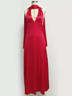 Robe longue minimaliste dos nu sans manches à col halter pour femme - Élégante robe de bal dos nu avec foulard - Soirée formelle d'été 2026