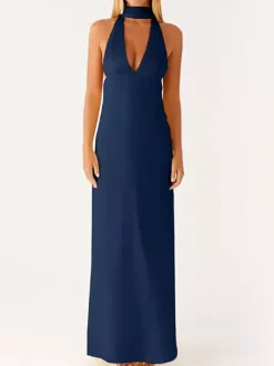 Robe longue minimaliste dos nu sans manches à col halter pour femme - Élégante robe de bal dos nu avec foulard - Soirée formelle d'été 2026