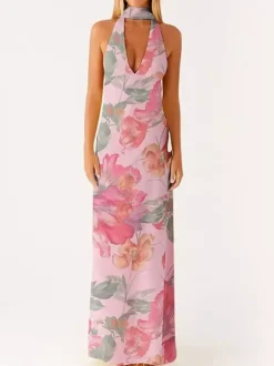 Robe longue minimaliste dos nu sans manches à col halter pour femme - Élégante robe de bal dos nu avec foulard - Soirée formelle d'été 2026